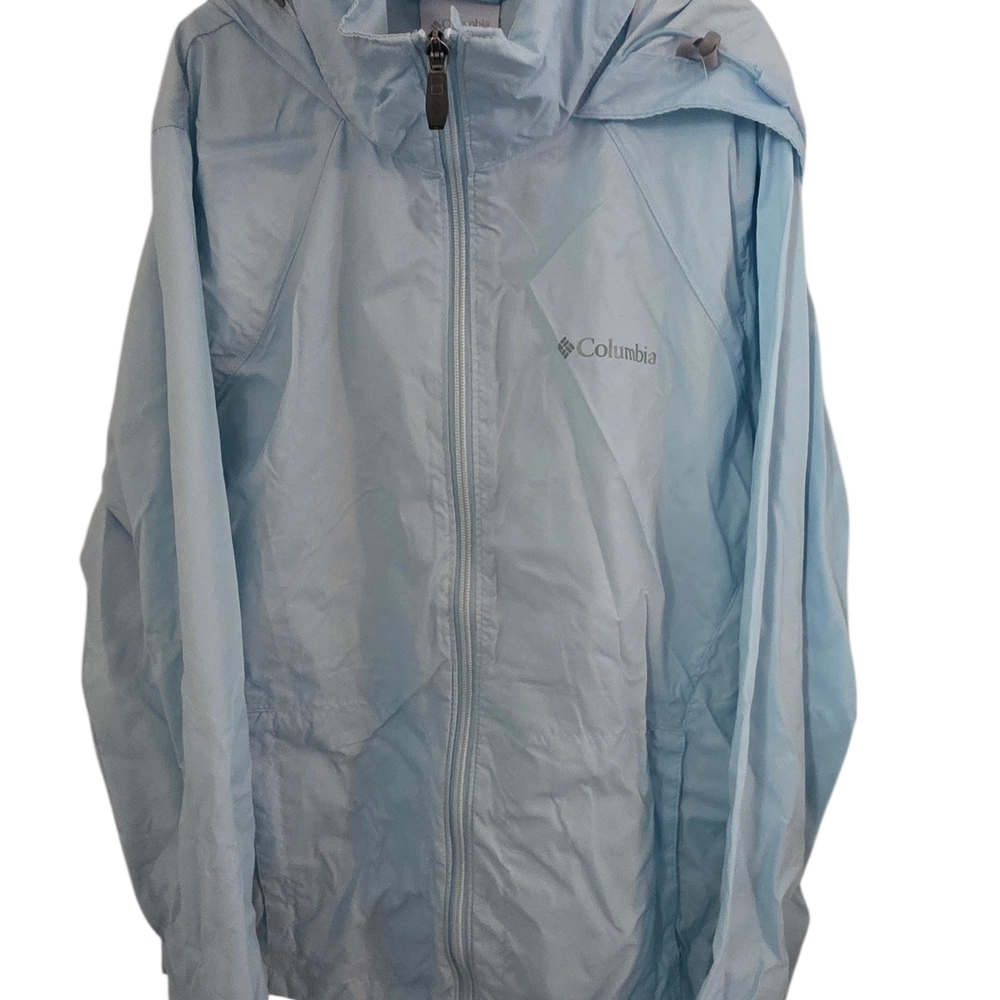 Columbia Womans Light Blue Hooded Rain Jacket